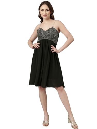 Image of SHOWOFFFF Women Embellished Fit and Flare Party Dress | Square Neck Sleeveless Georgette Dress for Womens | Knee Length Dress for Women's