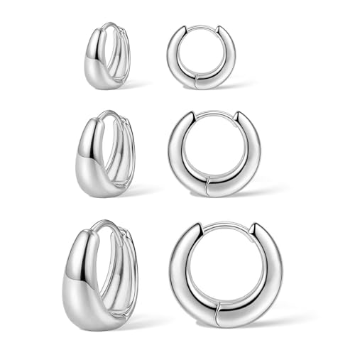 3Pairs Sterling Silver Hoop Earrings Set for Women Trendy Huggie Dainty Earring Jewelry for Women Teens (Silver - 3 Pairs)