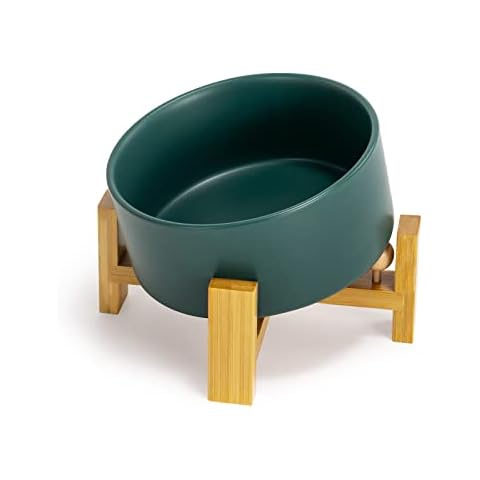 15° Slanted Ceramic Dog and Cat Bowl with Wooden Stand,Tilted Bulldog Food and Water Bowl No Slip No Spill for Big Face Pets Green 29 OZ Cover