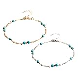 2 Pieces Turquoise Bead Ankle Bracelet for Women - Silver Boho Beach Jewelry With Big Anklet Design