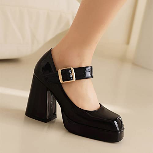 LYYSKY Womens Fashion 9.5CM Chunky Heels Square Toe Single Shoes Concise Ankle Strap Buckle Mary Jane Shoes Office Lady Platform Pumps3