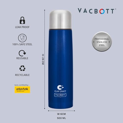 Image of Clay Craft VACBOTT Terra Double Walled 18 Hours Hot and 24 Hours Cold Water Bottle-500ML, 2-Piece(Blue) Leak Proof|Easy to Carry|Gym Bottle|Home|Kitchen|Hiking|Travel Bottle|BIS Certified