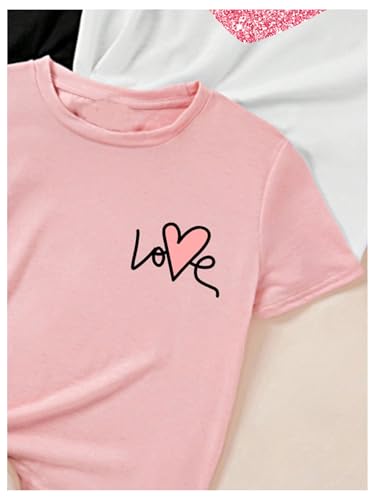 SweatyRocks Girl's 3 Pack T Shirts Sparkly Heart Print Tees Short Sleeve Crewneck Summer Tops4