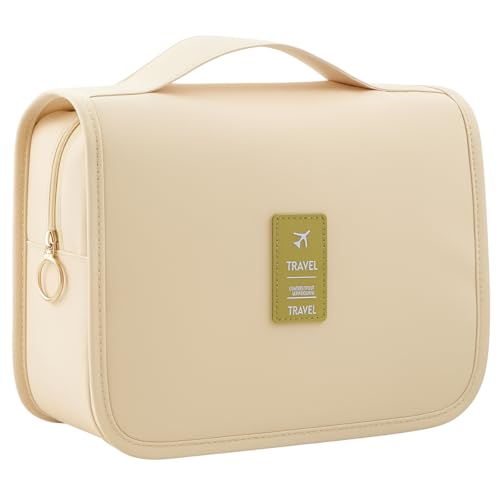 Bolsa Necessaire Maquiagem Cosméticos Feminina Viagem Com Divisória e Cabide para Pendurar Organizador de Maquiagem Muito Espaço para Maquiagem Shampoo Perfumes Higiene Pessoal (Bege)