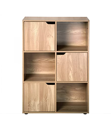 Casâme Meuble 6 Cases avec 3 Portes - Colonnes de Rangement - Bibliothèque avec Étagères - Rangement pour Salon, Chambre - Décor Bois - Meuble à Cases - 60 cm x 29 cm x H 90 cm