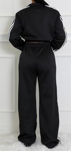 Women's Sexy 2 PCS Zipper Stripes Pathwork Jackets Bodycon Wide Leg Pants Cocktail Party Outfits Tracksuit Set2