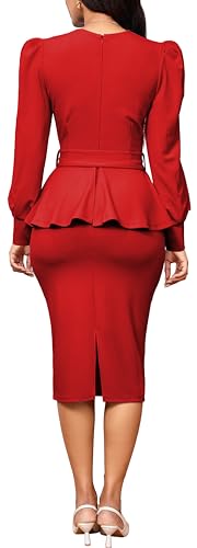 Image of Dresses for Women Elegant Long Sleeves Ruffles Pencil Knee Length Split Business Dress with Belt Zipper