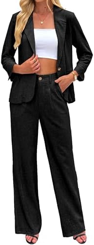 Women's Linen 2 Piece Outfits Blazer Suit Wide Leg Pantsuits Dres...
