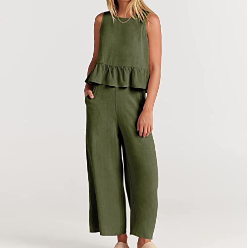 Women's Summer Suit Fashion Comfort Casual 2 Piece Outfits Crewneck Ruffle Hem Tops And Loose Wide Leg Pants Home Sets Green #TOP3