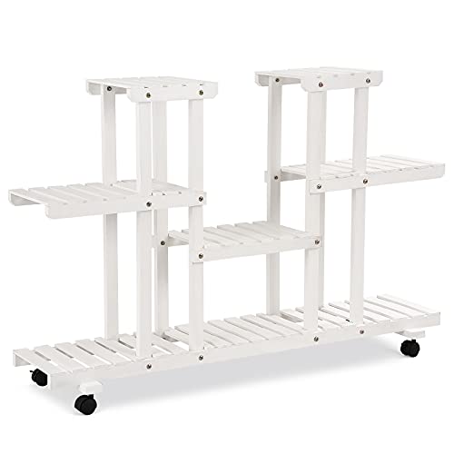 Giantex Rolling Flower Rack Wood Plant Stand On Wheels 6 Wood Shelves 12 Pots Bonsai Display Shelf Indoor Outdoor Yard Garden Patio Balcony Living Room Storage Rack Bookshelf Hollow Shelves (White) #TOP7
