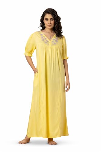 Image of NIHSAMAH Viscose Nighty for Women, Embroidered & Printed Stylish Night Gown, Long Sleeve Comfortable Sleepwear Long Nightwear, Maxi