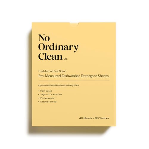 No Ordinary Clean Co Pre-Measured Dishwasher Detergent Sheets – Lemon Zest Fresh Scent – Plant-Based, Chemical-Free, Phosphate & Chlorine Bleach Free – Up to 80 Washes – Dual-Use