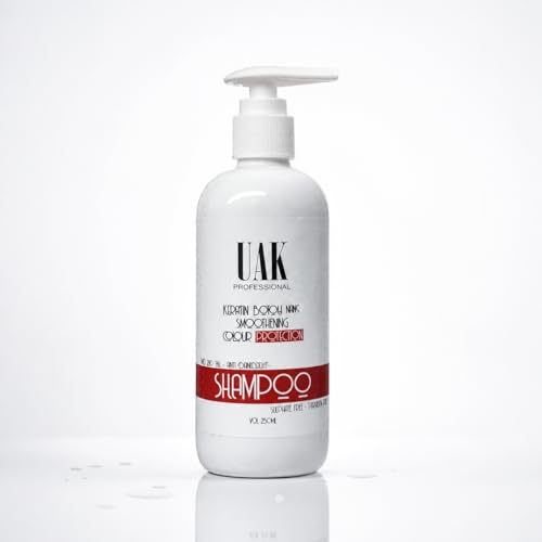 Image of UAK Professional Keratin Shampoo for Smooth & Frizz Control Hair | Salon Professional Hair Care | Helps Repair Dry & Damaged Hair | Color Safe | For Men & Women | 250 ml