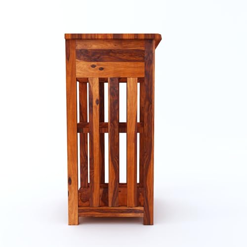 Image of Sheesham Wood Bedside Table with One Drawer and 2 Shelf Storage for Bedroom Living Room Office Solid Wood Table Furniture Nightstand, End Table, Sofa Side Table (Honey Finish)