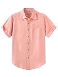 COEVALS CLUB Men's Casual Linen Cotton Button Down Spread Collar Short Sleeve Summer Beach Shirts (Salmon #16 L)