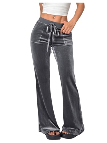SOLY HUX Women's Drawstring Waist Bell Bottom Velvet Pants Y2k Vintage Flare Leg Trousers