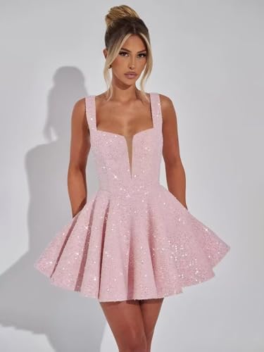 Short Sparkly Sequin Homecoming Dresses for Teens 2025 Cute A Line Flowy Puffy Mini Cocktail Dress with Bow4