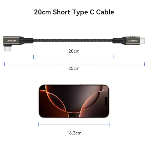 aceyoon USB C to USB C Cable 20cm, 240W Ultra-Short USB C Fast Charging Cable Braided Right Angle Type C Cord Compatible with iPhone 16 15 Pro Max Galaxy S24 S23
