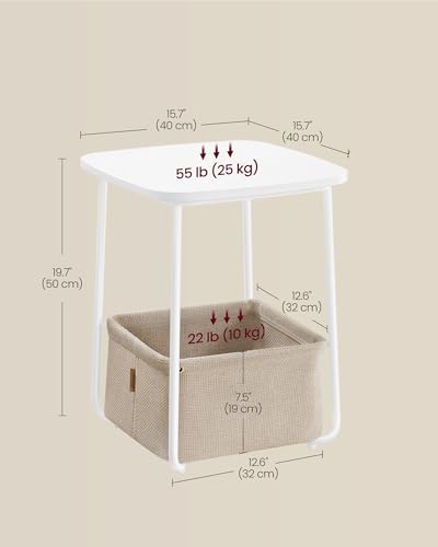 Image of VASAGLE LILEA Collection - Side End Table with Fabric Basket, Modern Nightstand, Square Bedside Table, for Living Room, Bedroom, Matte White and Camel Brown ULET229W10