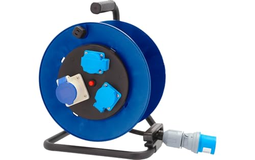 BERGER Profi CEE Kabeltrommel 25 m | Outdoor Verlängerungskabel mit 2 Schuko- & 1 CEE-Steckdose | Robuste Kabelbox Spritzwassergeschützt IP44, belastbar bis 3600W | Stromkabel Aufroller