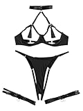 Lilosy Sexy Choker Tassel Underwire Push Up Belt Strappy Lingerie Set Women Bralette and Panty See Through 3 Piece Black Medium