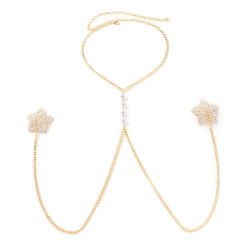 Niaspi Sexy Rhinestone Flower Nipple Pasties Body Chain for Women Sparkle Crystal Nipple Cover Stickers Pearl Bikini Bra Chest Chain Choker Necklace Nightclub Body Accessories Jewelry (Gold) by Niaspi - Used condition - US$9.30