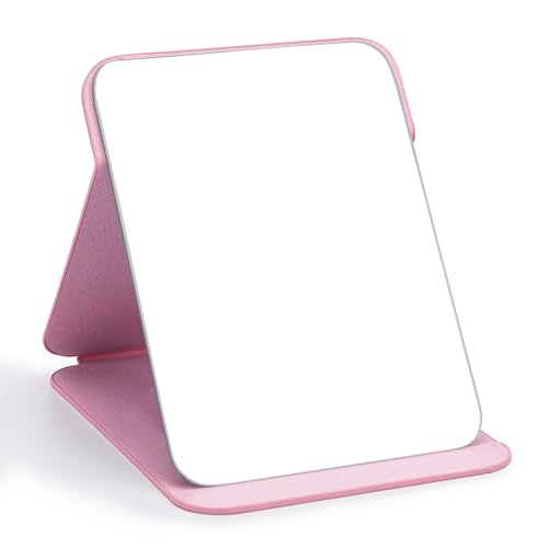 WISYOK Reisespiegel Klappbar, Tischspiegel mit Mehrfach-Standwinkel, Klappspiegel mit Rosa PU-Leder, Super HD Schminkspiegel, Handspiegel, Kompaktspiegel, Kosmetikspiegel, Spiegel Klein - 21x15cm