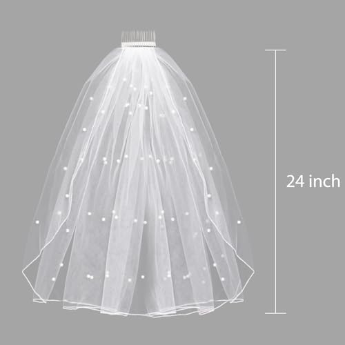 IKUHRMO Bridal Veil with Comb, Elegant Tulle Pearl Wedding Veil for Bride, Perfect for Wedding Bachelorette Party