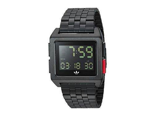 Adidas Watches Archive_M1. Men s 70 s Style Stainless Steel Digital Watch with 5 Link Bracelet (All Black/Blue/Red. 36 mm).
