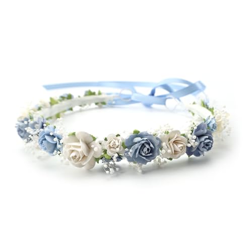 PoshMyra Dusty Blue Flower Girl Crown with Baby's Breath Children Baby Headpiece Floral Hair Wreath Wedding Halo Hair Accessories Headband for Child(43cm length)
