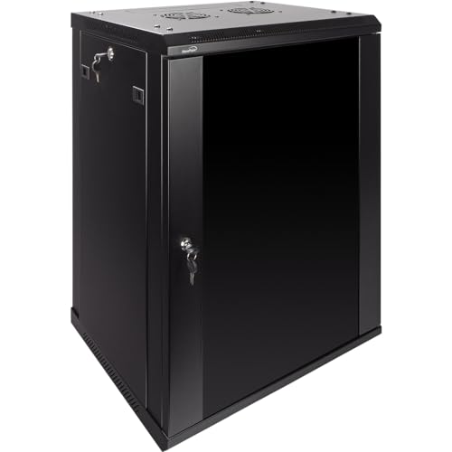 Image of NavePoint 15U Server Rack Enclosure - 17.7 inch Deep, Wall Mount Network Cabinet with Locking Glass Door for 19 inch IT Equipment, Network Rack with 2 Fans, Removable Side Panels, Black