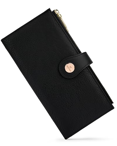 Image of Black Women's Slim Wallet,Thin RFID Card Holder with Zipper Pocket | 12 Slot Wallet Organizer, Large Capacity, Vegan Leather, Coin Purse, Cash Compartment, Travel Wallet, Women Gift