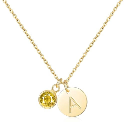 RLMOON Initial Birthstone Necklace for Women Gold Initial Necklace 14K