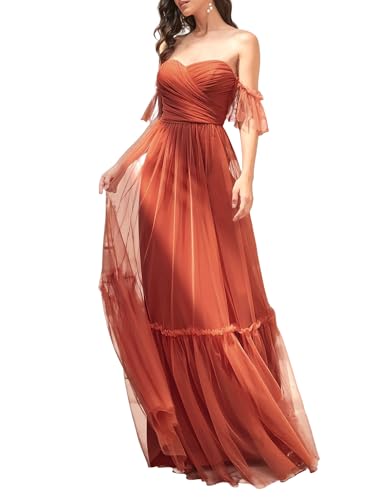 Ever-Pretty Robe de Soirée Chic et Glamour Longue Épaules Dénudées Femme Tulle à Volants A Line Plissé Bustier Orange Brûlée 40
