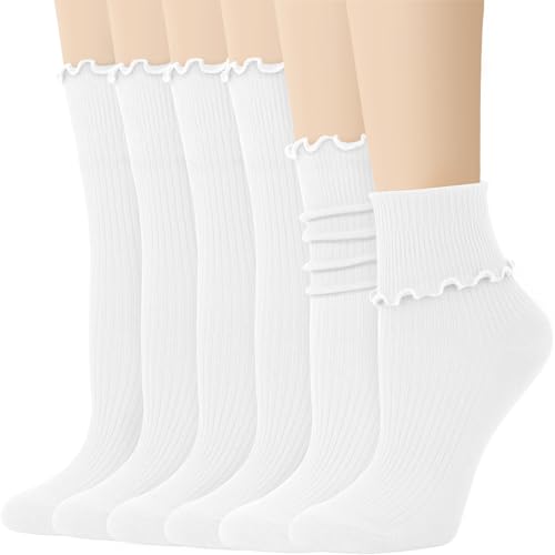 DRESHOW Ruffle Socks Woman Cute Turn-Cuff Casual Ankle Socks Breathable Lettuce Crew Knit Frilly Sock 6 Pack