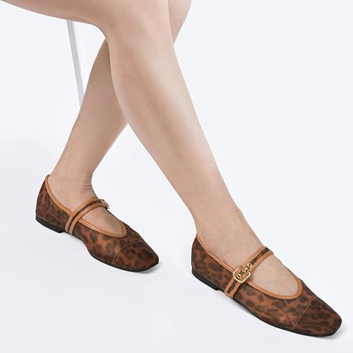 Women's Leopard Print Mesh Ballet Flats - Square Toe Mary Jane Buckle Shoes for Dress3