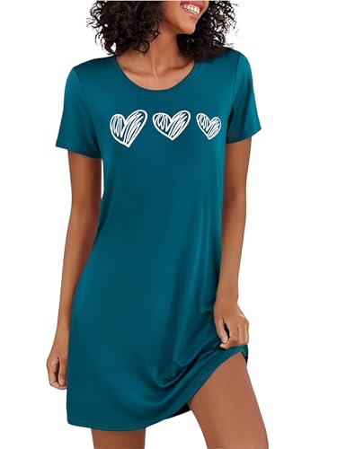 Marvmys Nighties for Women Cotton Nightdress Sleep Tee Heart Print Nightshirt Soft Sleepwear Nightwear Navy Blue M