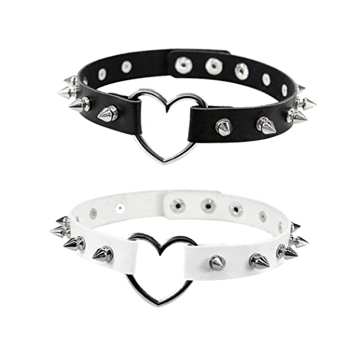 Borsgye Lot de 2 colliers ras du cou en cuir PU style punk gothique réglable pour adolescentes et filles, cosplay, bijoux vintage en forme de cœur clouté - Noir et blanc Cover