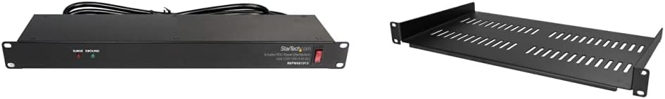 8 Outlet Horizontal 1U Rack Mount PDU Power Strip, Black & 1U Vented Server Rack Cabinet Shelf - 10" Deep Fixed Cantilever Tray CABSHELFV1U