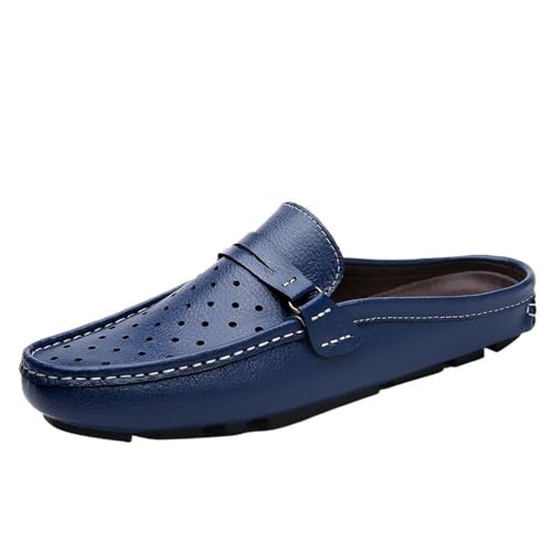 Mens Loafers Shoes Genuine Leather Perforated Round Toe Comfortable Flexible Flat Heel Party Slip-on