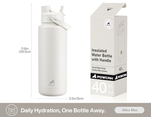 Image of POWCAN 40 oz Insulated Water Bottle with 2-in-1 Straw and Spout Lid, Keep Cold 24H, Leak-Proof, BPA-Free, Double Wall Stainless Steel Water Bottle for Sports, Gym, Travel, and School (Ivory)