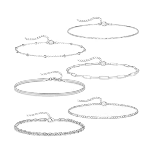 TENGEE 6 Stück Armband Damen Silber,Silber Armband Set,Silberschmuck,Stapelarmbänder,Verstellbare Armbänder,Langlebig Und Solide,Geeignet Für Die Dekoration Von Frauen
