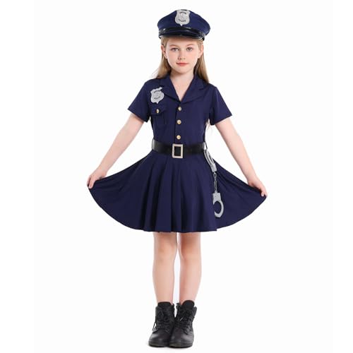 LOLANTA Niños Policía Disfraces Niña Uniforme Policía Set Carnaval Disfraz Halloween Día Mundial Profesiones Sombrero+Cinturón+Esposas, Azul oscuro, 10-11 años, L
