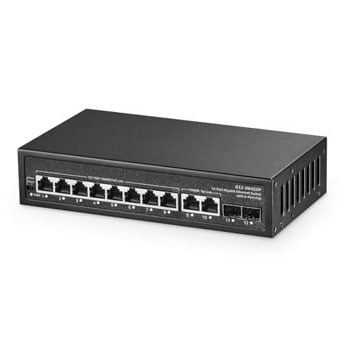 Switch 12 Puertos Gigabit PoE, 8 Puertos PoE+ 1000Mbps, 2 Gigabit uplink, 2 Gigabit SFP, IEEE802.3af/at, Fuente de alimentación 135W, Carcasa metálica No gestionado Plug and Play
