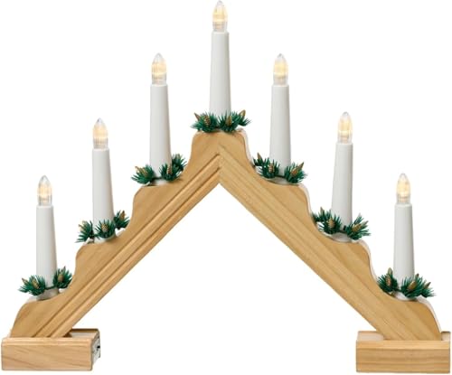 Mains Operated 7 Wooden Pre-Lit Christmas Candle Bridge Arch | Flameless Candles | Warm White LED Lights for Windows & Tabletop Decor | 32cm x 39cm (Beige)