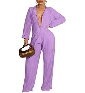 Ekaliy Women's 2 Piece Casual Pleated Outfits Short Sleeve Button Down Shirt High Waist Wide Leg ...