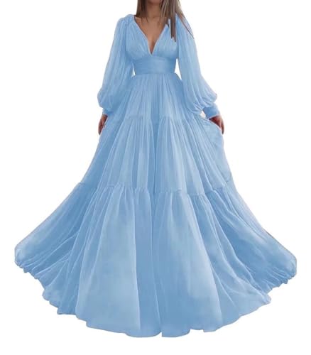 Puffy Sleeve Prom Dress Long Tulle A Line Ball Gowns for Women V Neck Pleated Formal Evening Party Gowns Sky Blue