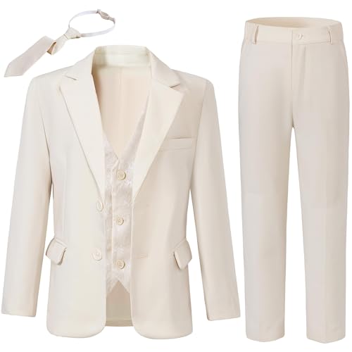 SANMIO Boys Suit 4 Piece Slim Fit Boys Suits Sets Jacket Vest Pants Tie for Kids Suits Boys Formal Wear Toddler Ring Bearer Outfit Boys Easter Suits Boy Tuxedo Set Off-White