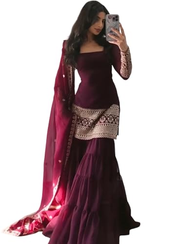 Image of Georgette Sharara Set with Embroidered Top, Royal Blue, 3-Piece Suit with Dupatta, Sequins and Cording Work