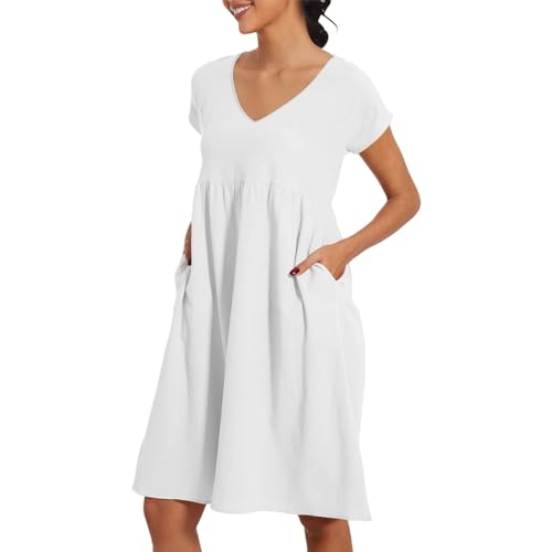 Ydsxlp Blusenkleid Damen Große Größen V-Ausschnitt/Rundhals Leinenkleid Elegant Einfarbig Kurzarm Sommerkleid Casual Leinen Baumwolle Shirtkleid...